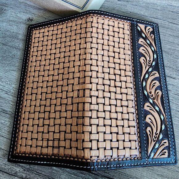 Ranger Western Floral Tooled Basket Weave Leather Rodeo Wallet Buck Stitching - Picture 3 of 7
